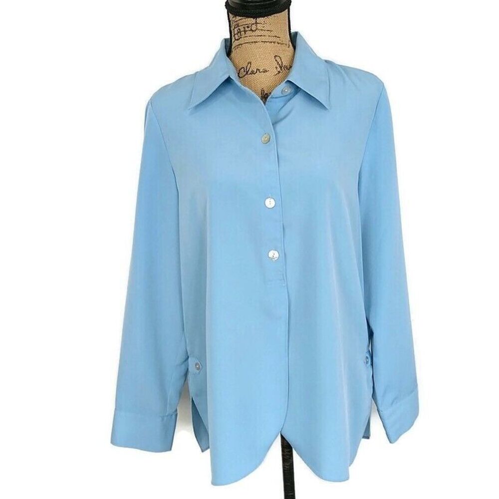 Susan Graver Womens sz M Top 1/2 Button Up Long Sleeve Collared Blouse Blue